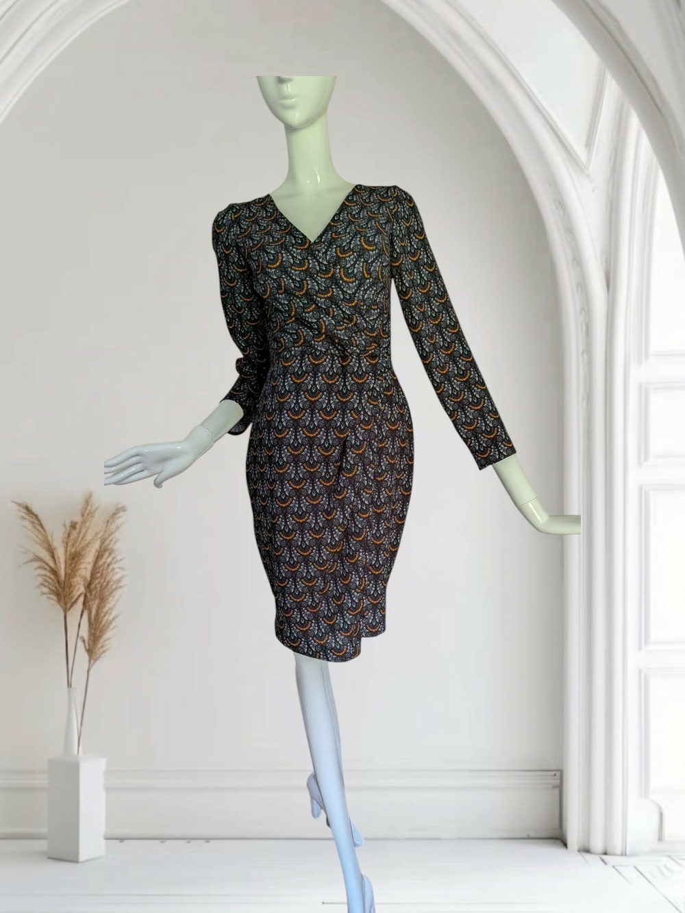 Closet Black Midi Dress with Orange and Cream Scallop Print